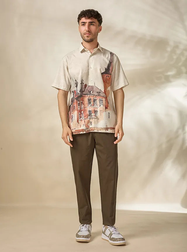 Men's Lyocell-Linen Architectural Print Half Sleeve Shirt