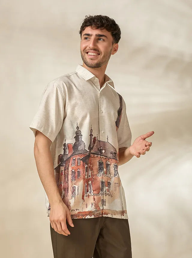 Men's Lyocell-Linen Architectural Print Half Sleeve Shirt