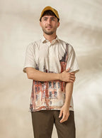 Men's Lyocell-Linen Architectural Print Half Sleeve Shirt