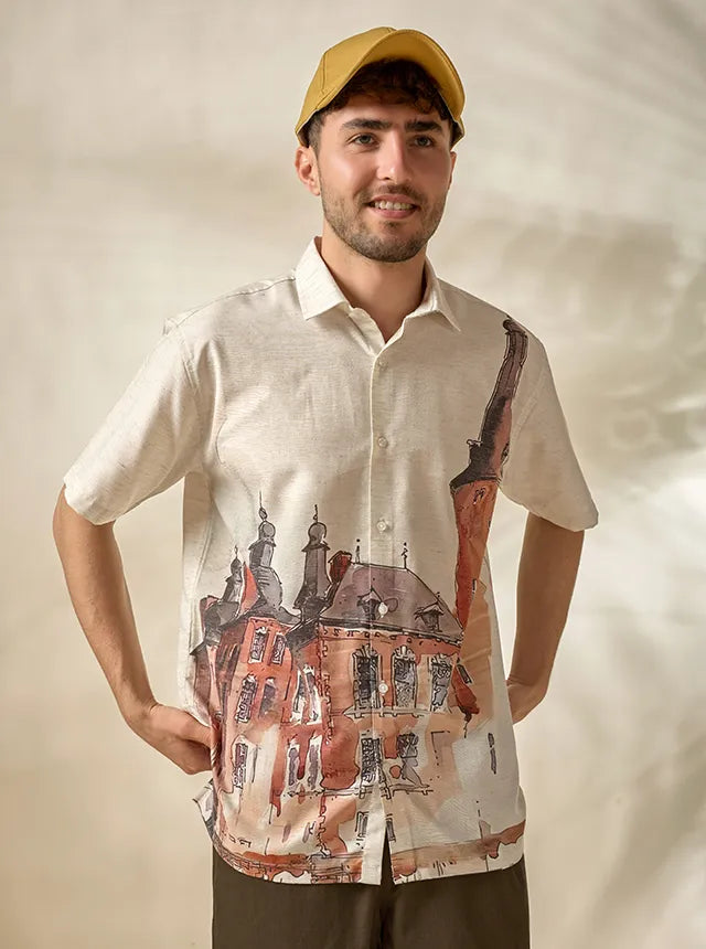 Men's Lyocell-Linen Architectural Print Half Sleeve Shirt