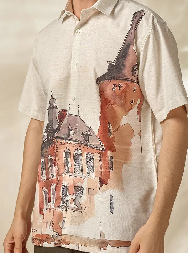 Men's Lyocell-Linen Architectural Print Half Sleeve Shirt