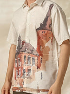 Men's Lyocell-Linen Architectural Print Half Sleeve Shirt