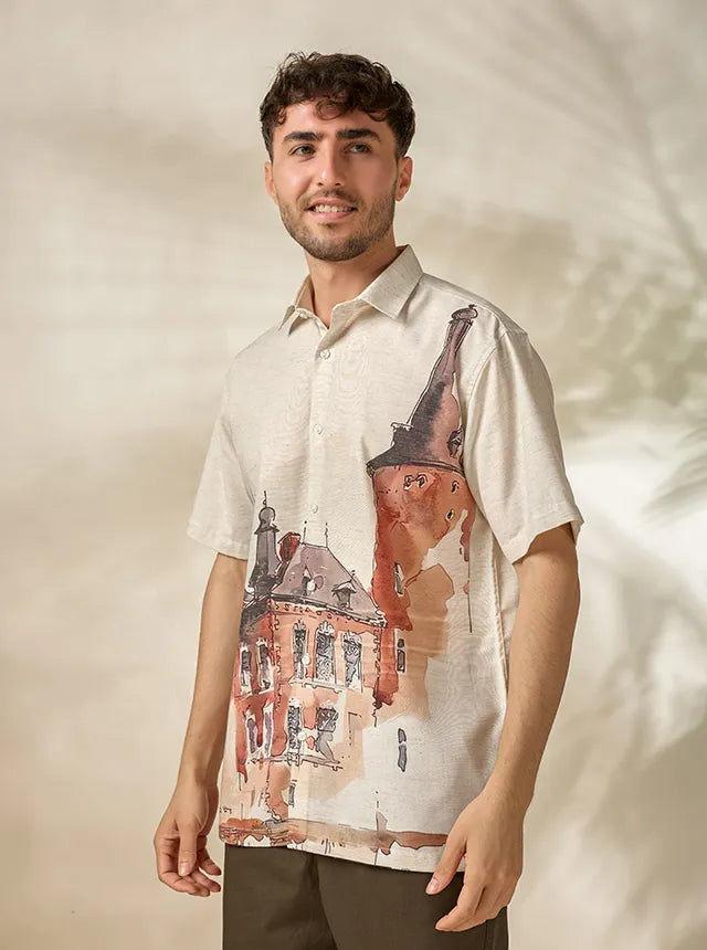 Men's Lyocell-Linen Architectural Print Half Sleeve Shirt