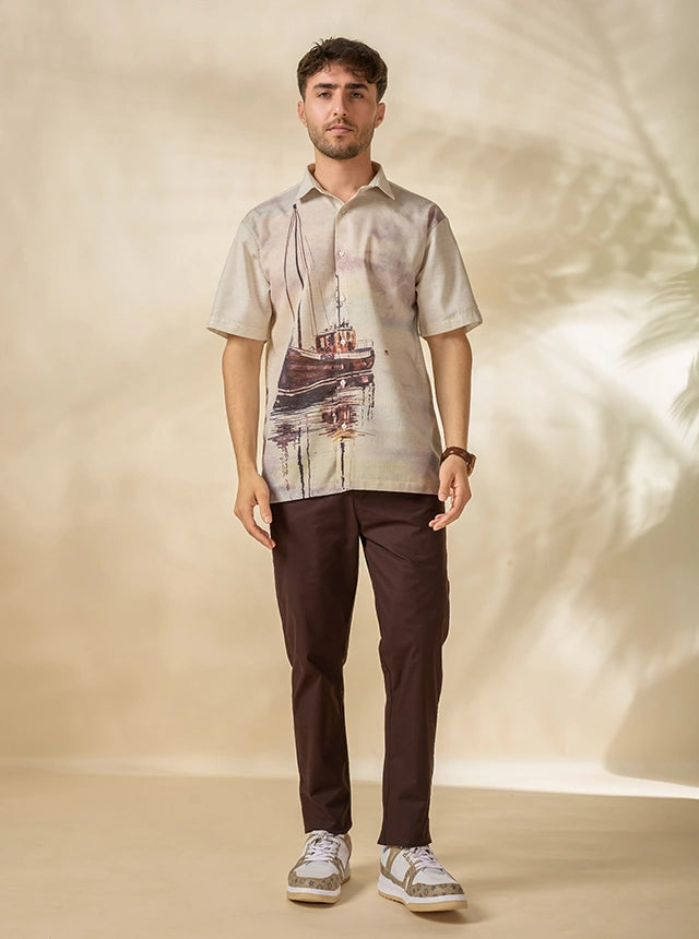 Men’s Lyocell-Linen Nautical Print Half-Sleeve Shirt