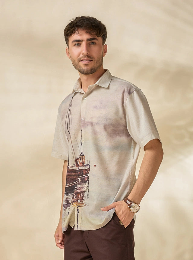 Men’s Lyocell-Linen Nautical Print Half-Sleeve Shirt