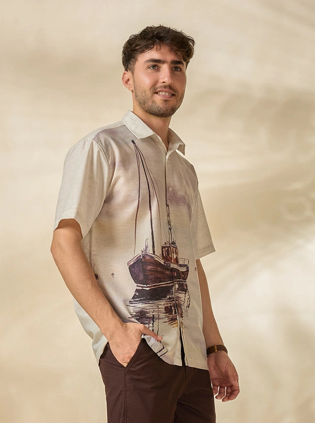 Men’s Lyocell-Linen Nautical Print Half-Sleeve Shirt