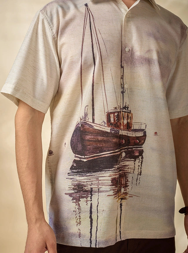 Men’s Lyocell-Linen Nautical Print Half-Sleeve Shirt