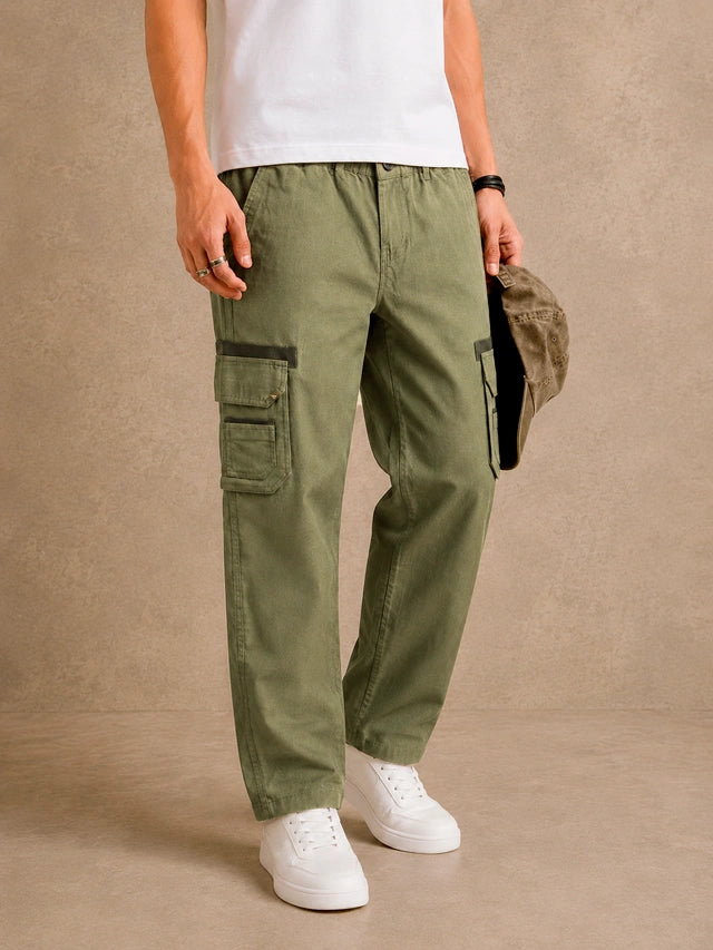 Premium 100% Cotton Slub Men's Cargo Pants – Military Olive Green