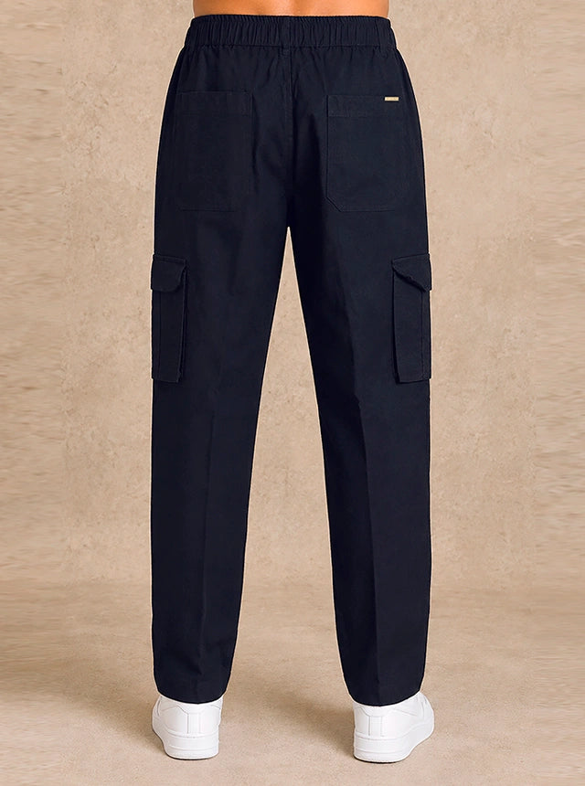 Premium Cotton-Linen Slub Men's Cargo Pants – Deep Navy Blue
