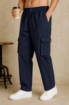 Premium Cotton-Linen Slub Men's Cargo Pants – Deep Navy Blue