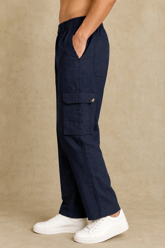 Premium Cotton-Linen Slub Men's Cargo Pants – Deep Navy Blue