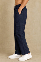Premium Cotton-Linen Slub Men's Cargo Pants – Deep Navy Blue