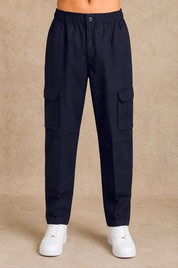Premium Cotton-Linen Slub Men's Cargo Pants – Deep Navy Blue