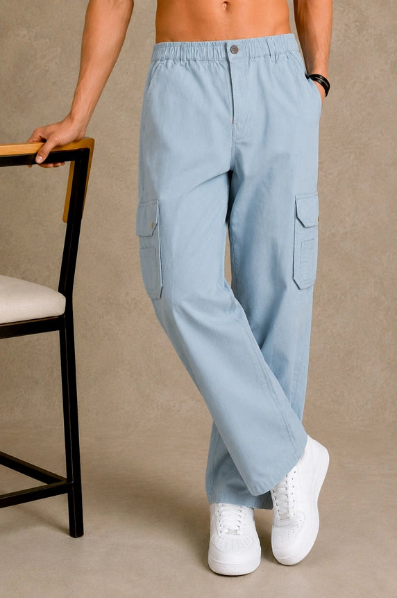 Premium 100% Cotton Slub Men's Cargo Pants – Sky Blue