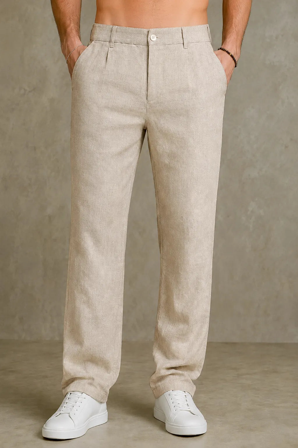 Premium 100% Pure Linen Men's Pleated Trousers – Natural Beige