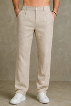 Premium 100% Pure Linen Men's Pleated Trousers – Natural Beige