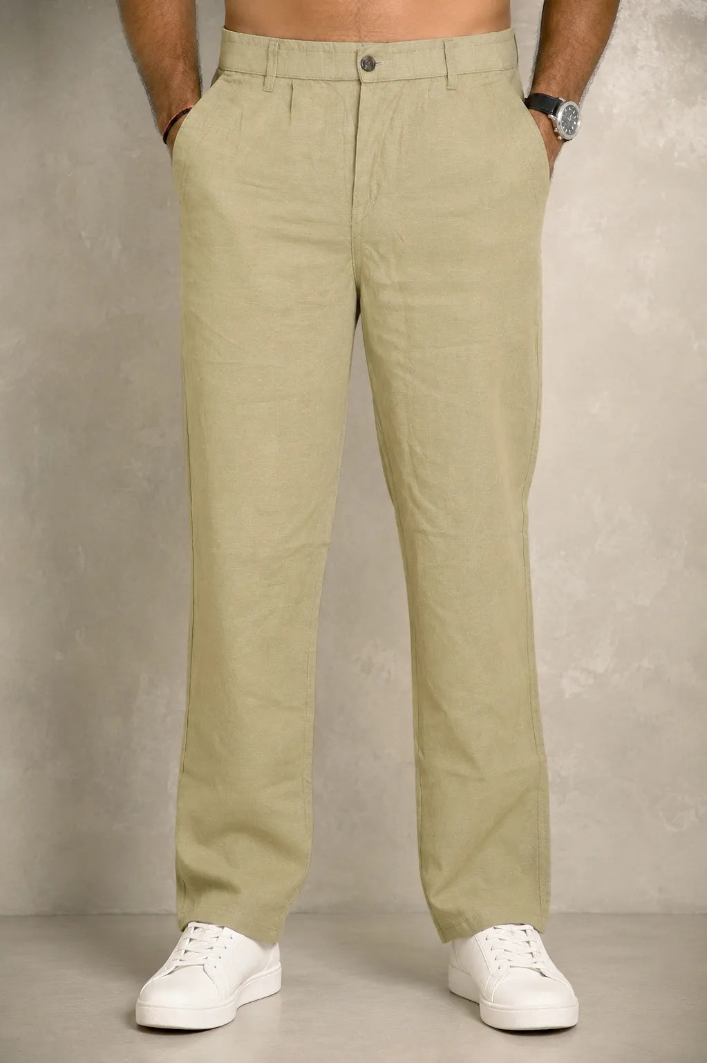Premium 100% Pure Linen Men's Trousers – Olive Khaki