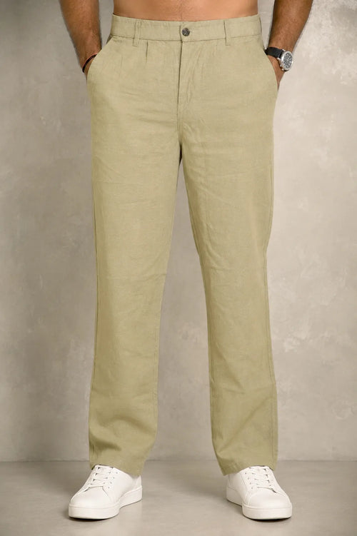 Premium 100% Pure Linen Men's Trousers – Olive Khaki