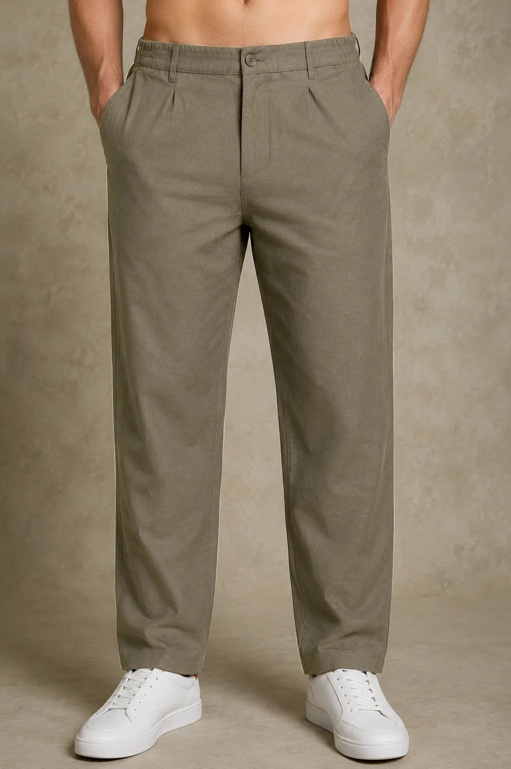 Premium 100% Pure Linen Men's Pleated Trousers – Olive Green