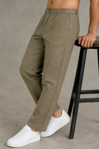 Premium 100% Pure Linen Men's Pleated Trousers – Olive Green
