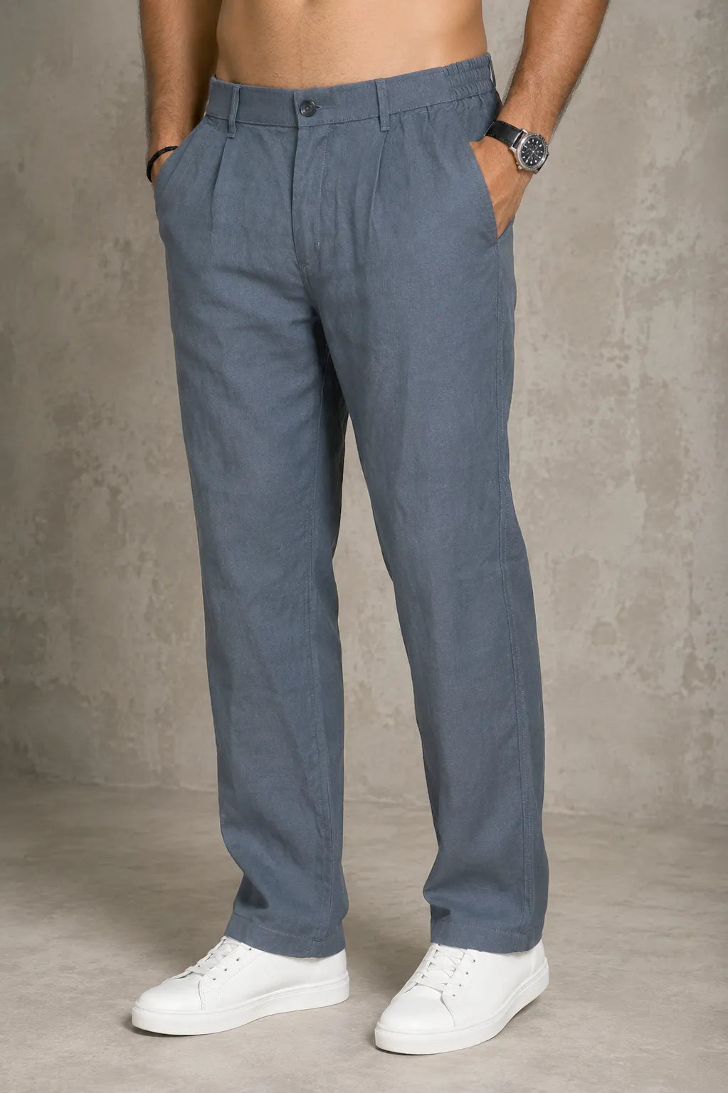 Premium 100% Pure Linen Men's Pleated Trousers – Slate Blue