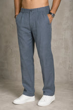 Premium 100% Pure Linen Men's Pleated Trousers – Slate Blue