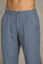 Premium 100% Pure Linen Men's Pleated Trousers – Slate Blue