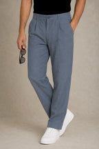 Premium 100% Pure Linen Men's Pleated Trousers – Slate Blue