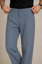 Premium 100% Pure Linen Men's Pleated Trousers – Slate Blue
