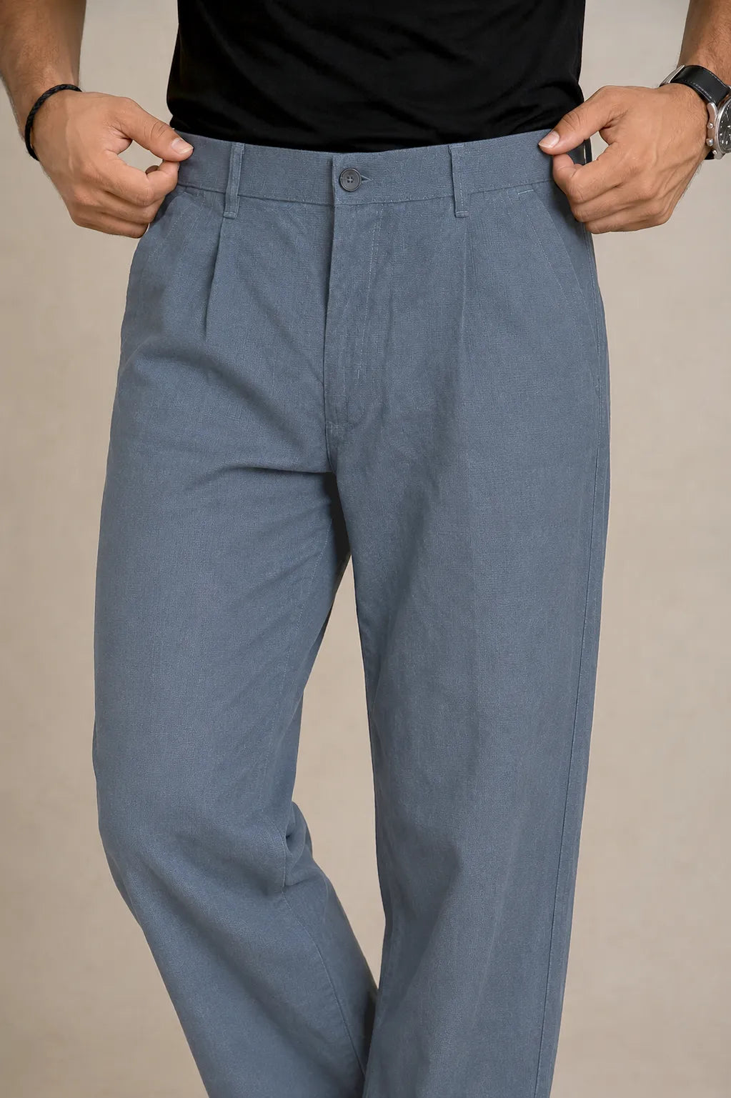 Premium 100% Pure Linen Men's Pleated Trousers – Slate Blue