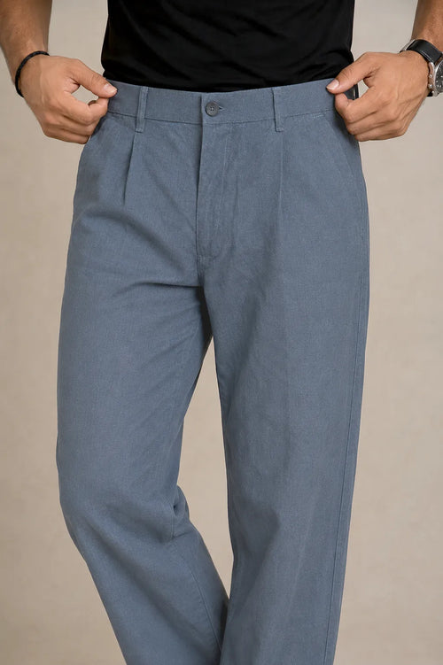 Premium 100% Pure Linen Men's Pleated Trousers – Slate Blue