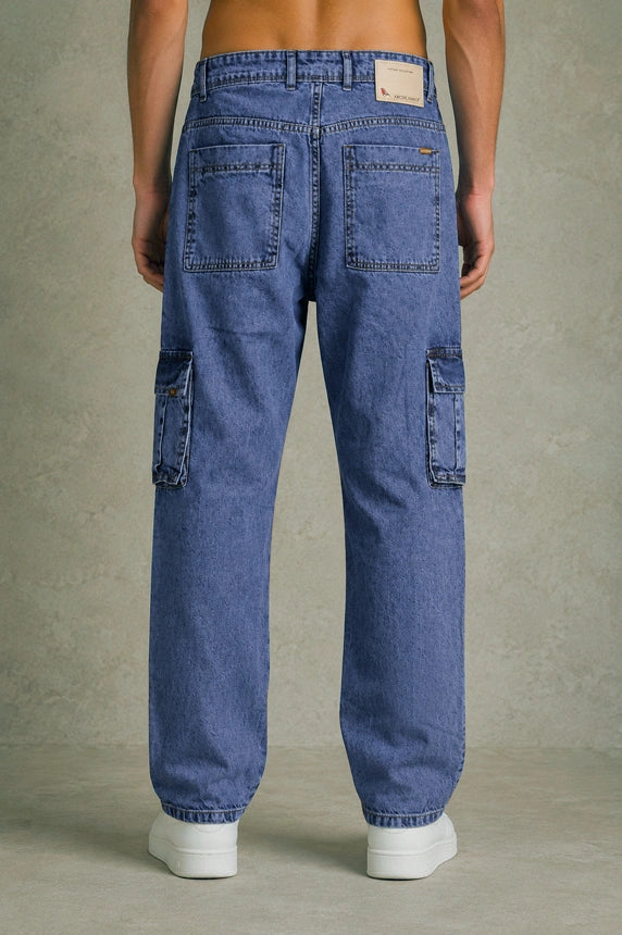Premium 100% Cotton Non-Stretch Denim Cargo Pants – Vintage Wash Blue