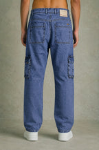 Premium 100% Cotton Non-Stretch Denim Cargo Pants – Vintage Wash Blue