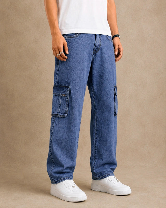 Premium 100% Cotton Non-Stretch Denim Cargo Pants – Vintage Wash Blue