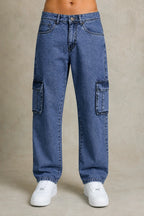 Premium 100% Cotton Non-Stretch Denim Cargo Pants – Vintage Wash Blue