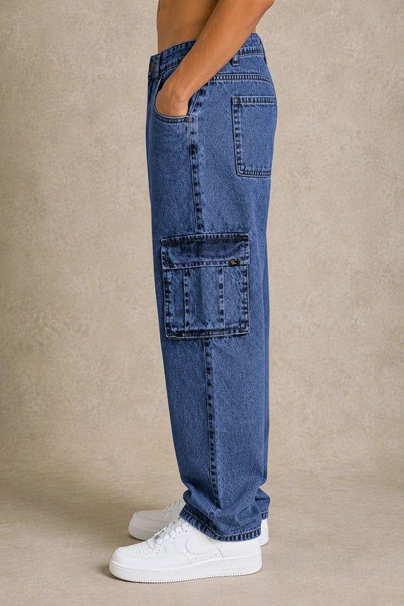 Premium 100% Cotton Non-Stretch Denim Cargo Pants – Vintage Wash Blue