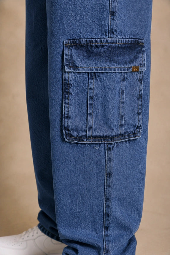 Premium 100% Cotton Non-Stretch Denim Cargo Pants – Vintage Wash Blue