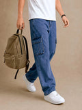 Premium 100% Cotton Non-Stretch Denim Cargo Pants – Vintage Wash Blue