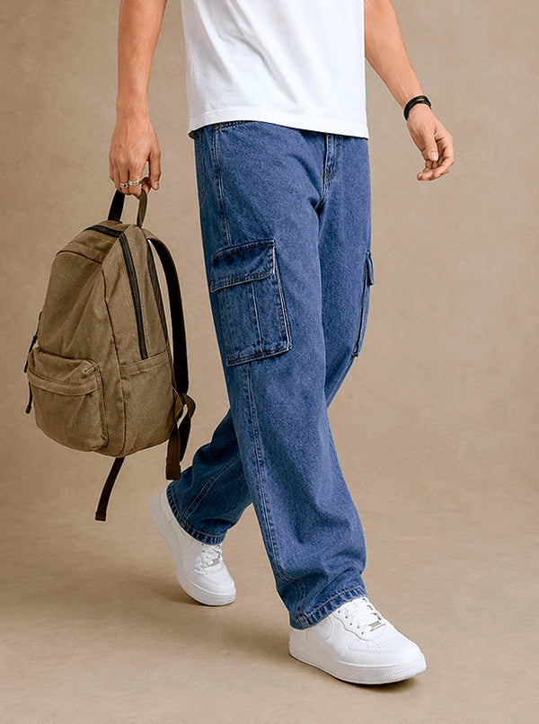 Premium 100% Cotton Non-Stretch Denim Cargo Pants – Vintage Wash Blue