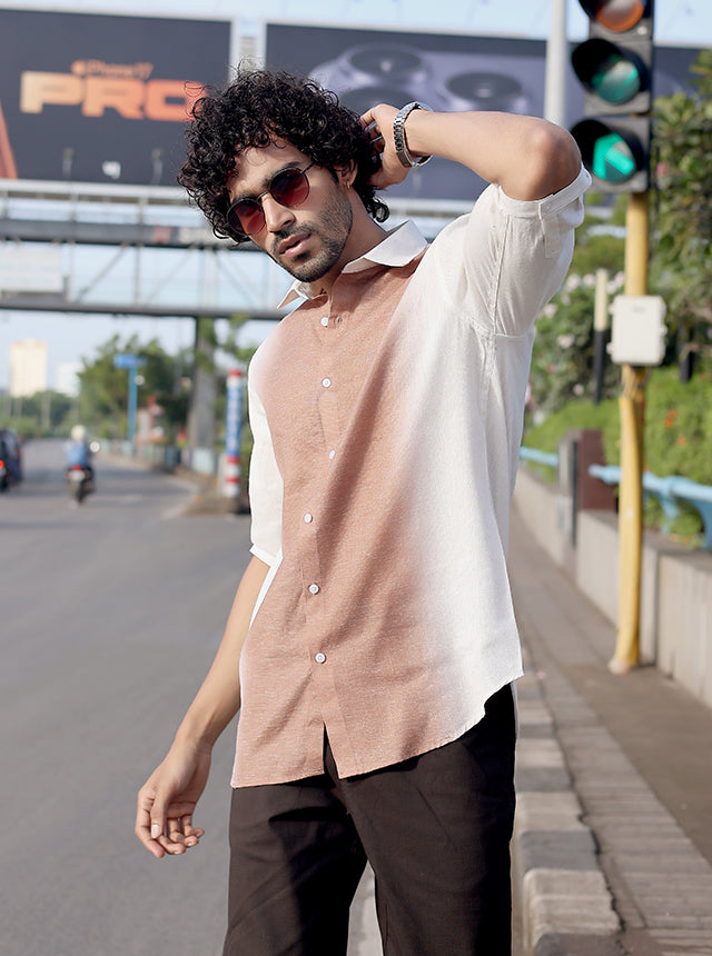 Desert Dusk Paneled Linen-Blend Shirt – 3/4 Sleeve