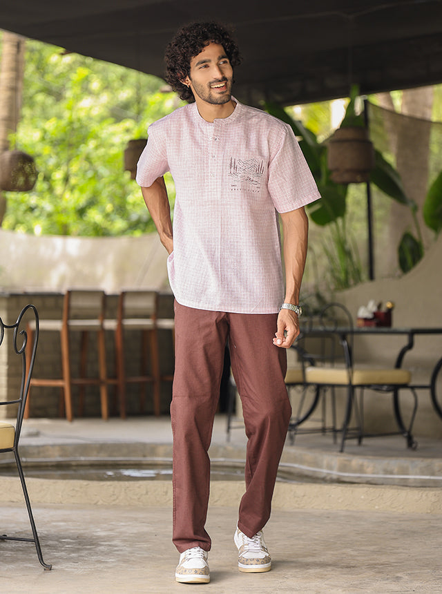 Wanderlust Embroidered Linen-Cotton Short Kurta – Blush Pink