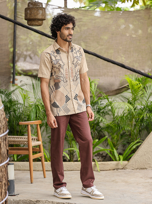 Earthy Hand-Illustrated Floral Cotton Slub Shirt – Breathable Half-Sleeve Casual Wear