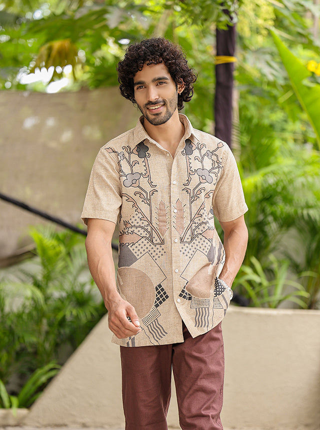 Earthy Hand-Illustrated Floral Cotton Slub Shirt – Breathable Half-Sleeve Casual Wear