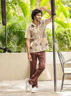 Earthy Hand-Illustrated Floral Cotton Slub Shirt – Breathable Half-Sleeve Casual Wear