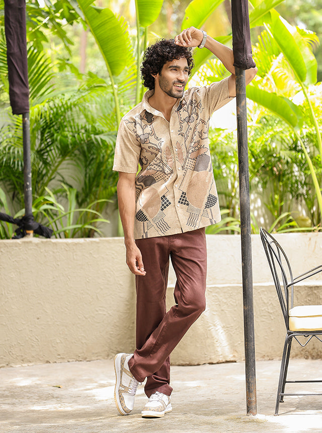 Earthy Hand-Illustrated Floral Cotton Slub Shirt – Breathable Half-Sleeve Casual Wear