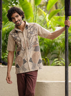 Earthy Hand-Illustrated Floral Cotton Slub Shirt – Breathable Half-Sleeve Casual Wear
