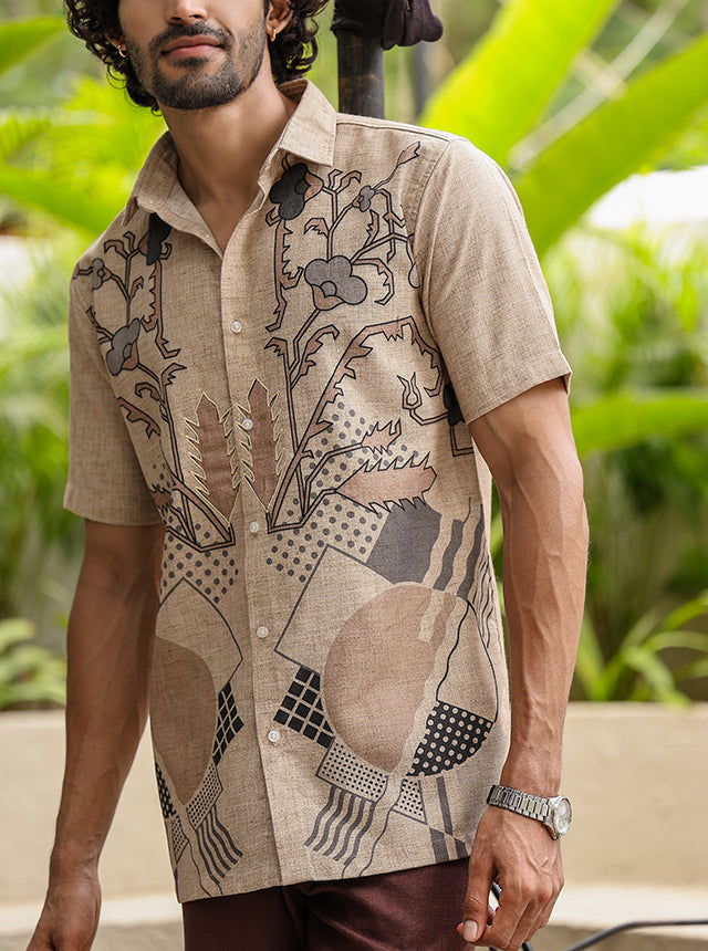 Earthy Hand-Illustrated Floral Cotton Slub Shirt – Breathable Half-Sleeve Casual Wear