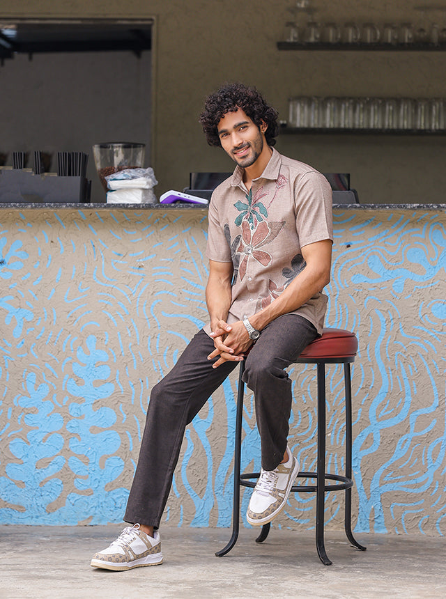 Artisanal Rose Floral Cotton Slub Shirt – Hand-Illustrated Botanical Print