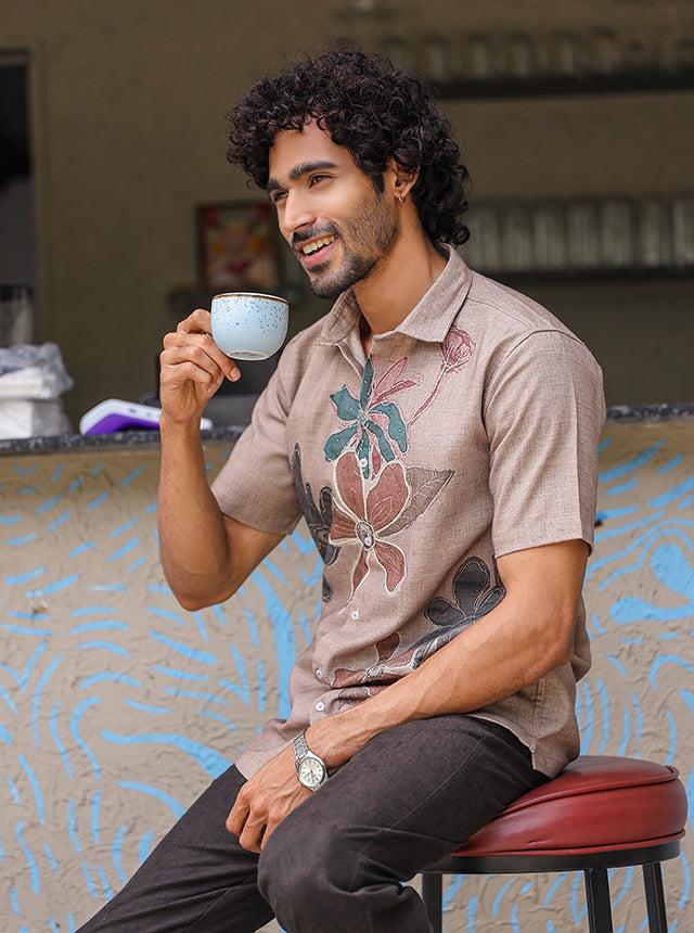 Artisanal Rose Floral Cotton Slub Shirt – Hand-Illustrated Botanical Print