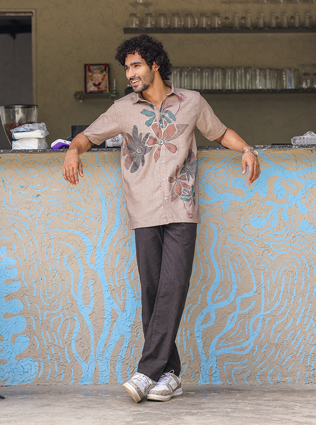 Artisanal Rose Floral Cotton Slub Shirt – Hand-Illustrated Botanical Print